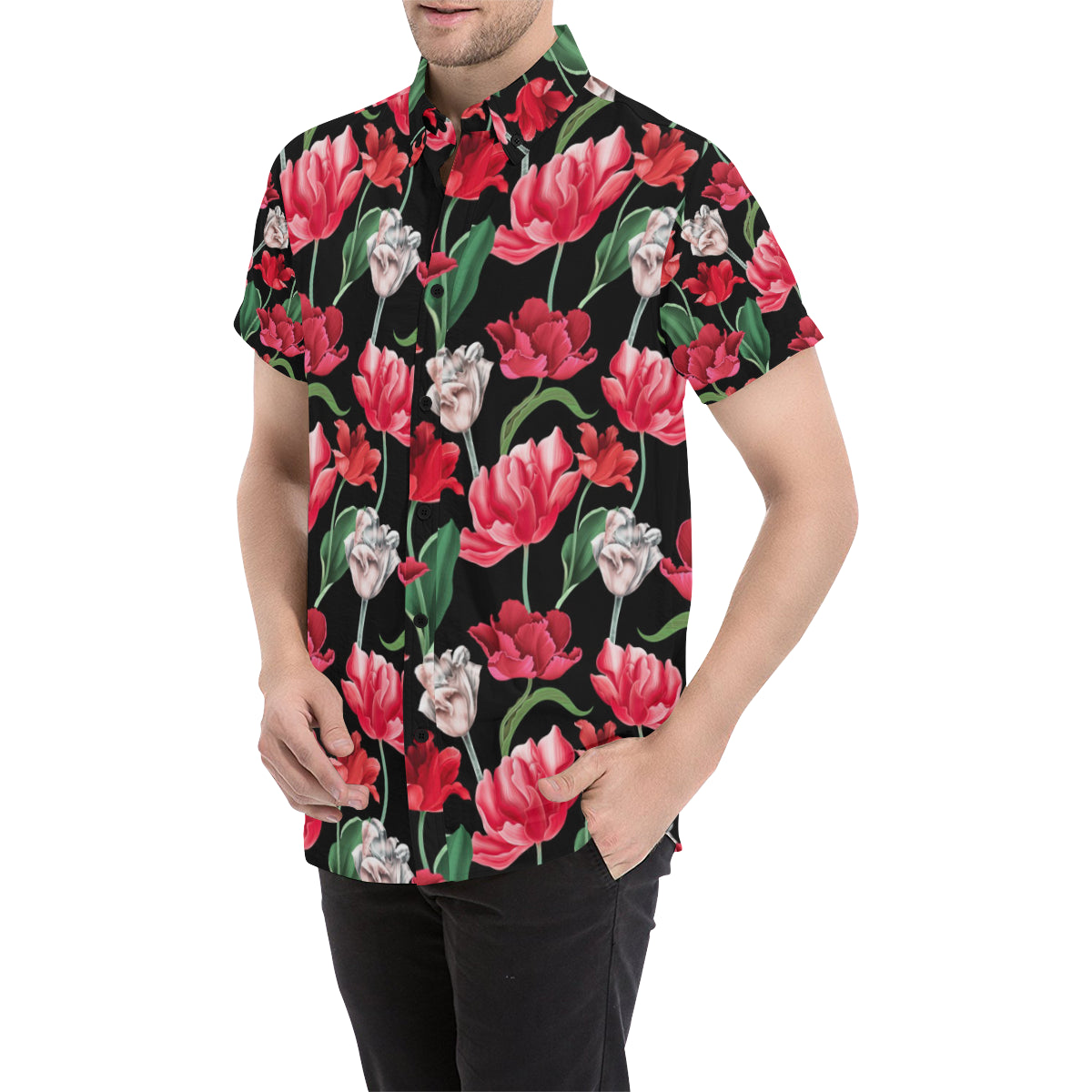 Tulip Pattern Print Design TP08 Men's Short Sleeve Button Up Shirt
