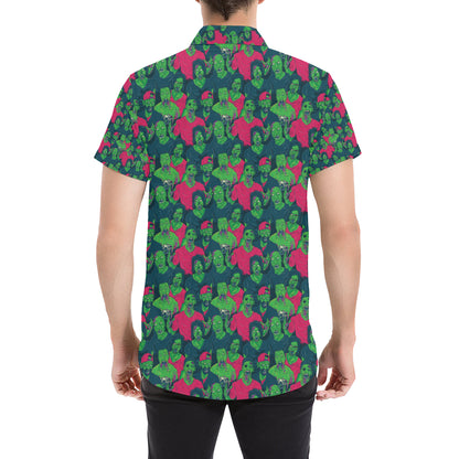 Zombie Themed Design Pattern Print Men's Short Sleeve Button Up Shirt