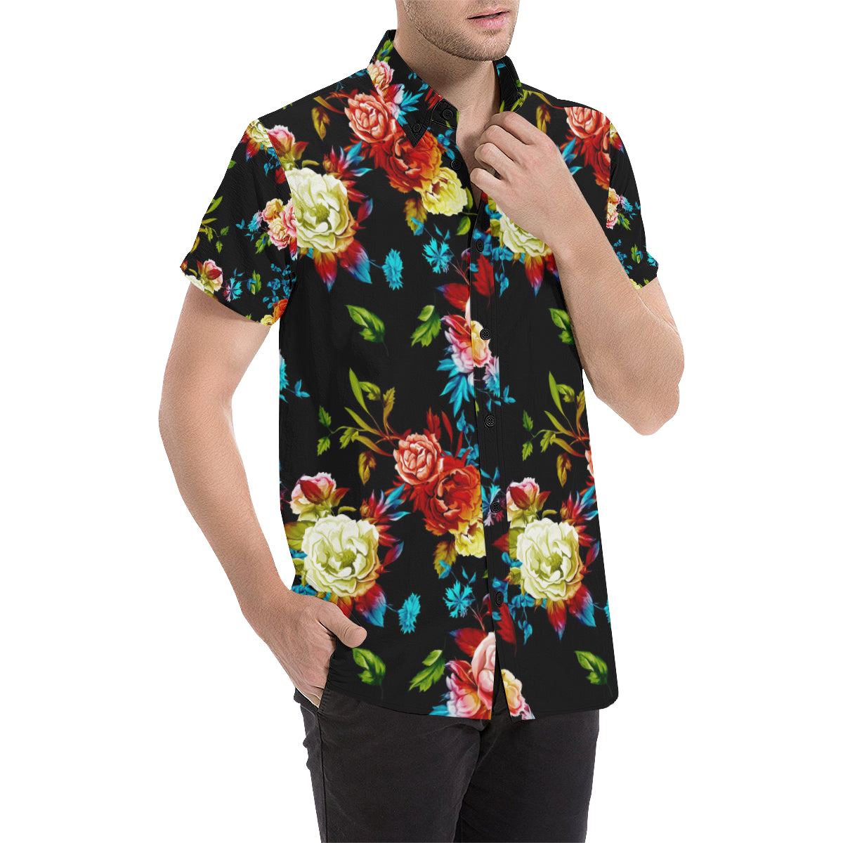 Peony Pattern Print Design PE07 Men's Short Sleeve Button Up Shirt