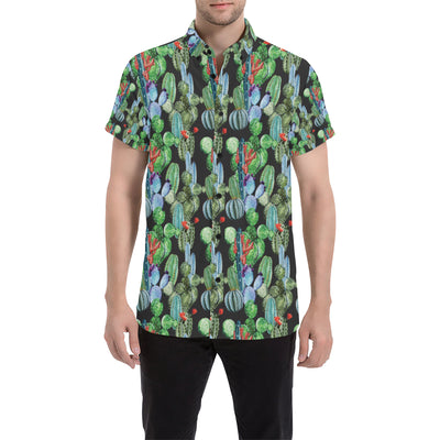 Cactus Watercolor Style Print Men's Short Sleeve Button Up Shirt