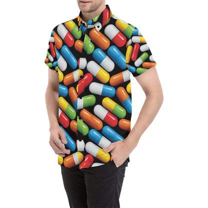 Pill Pattern Print Design A02 Men's Short Sleeve Button Up Shirt