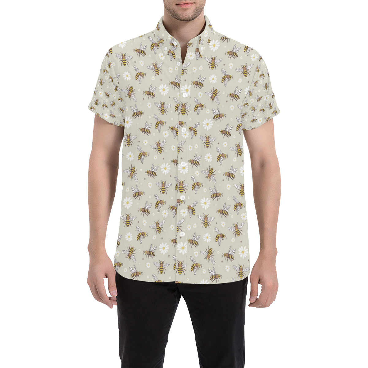 Bee Pattern Print Design 03 Men's Short Sleeve Button Up Shirt