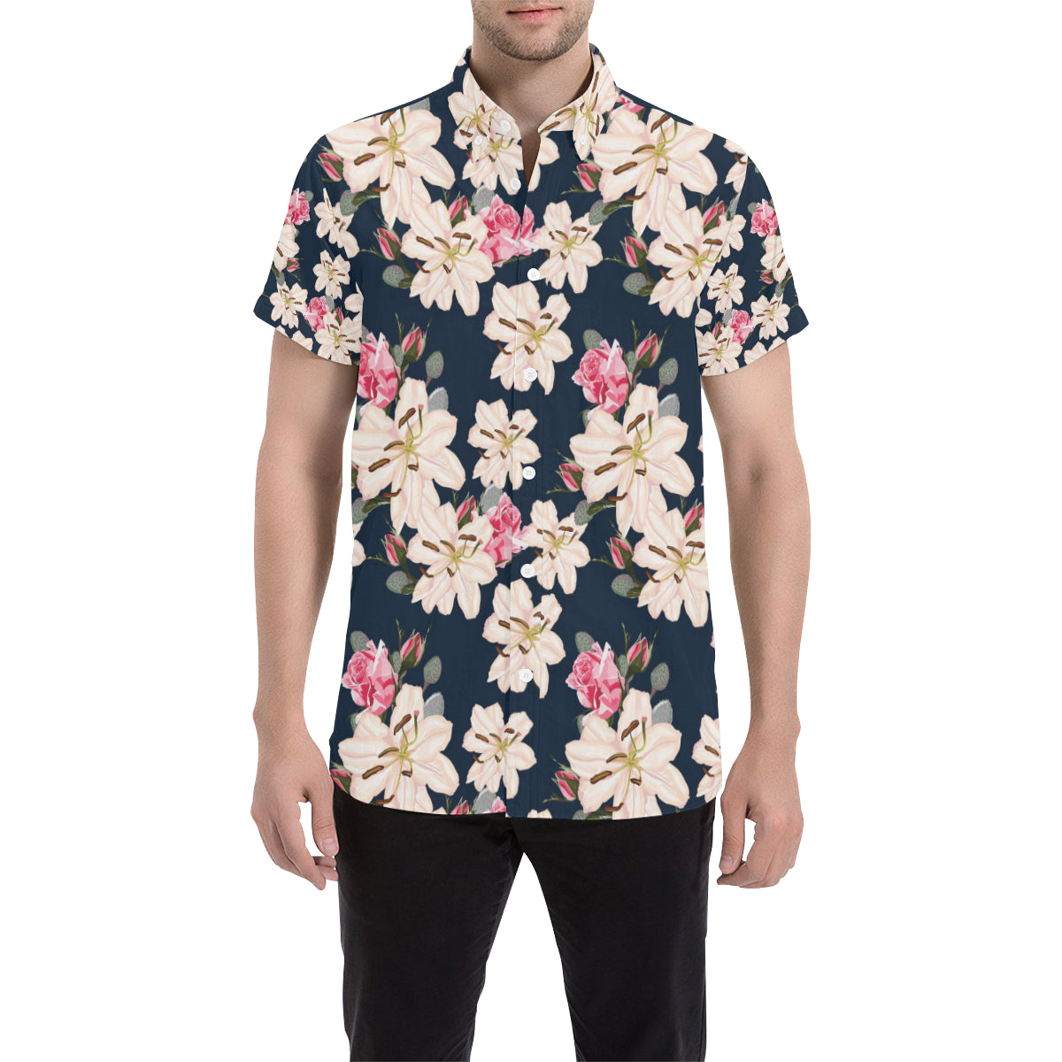 Lily Pattern Print Design LY04 Men's Short Sleeve Button Up Shirt
