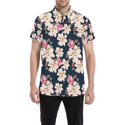 Lily Pattern Print Design LY04 Men's Short Sleeve Button Up Shirt