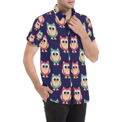 Owl Pattern Print Design A06 Men's Short Sleeve Button Up Shirt