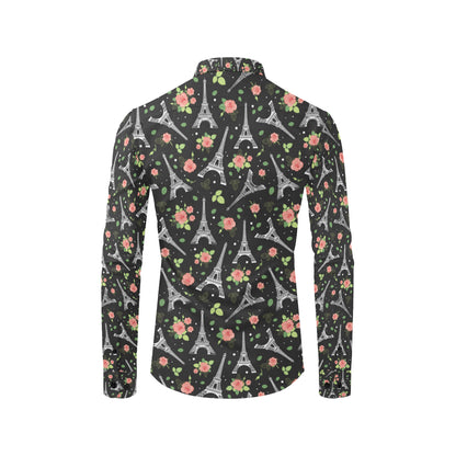Eiffel Tower Rose Print Men's Long Sleeve Shirt