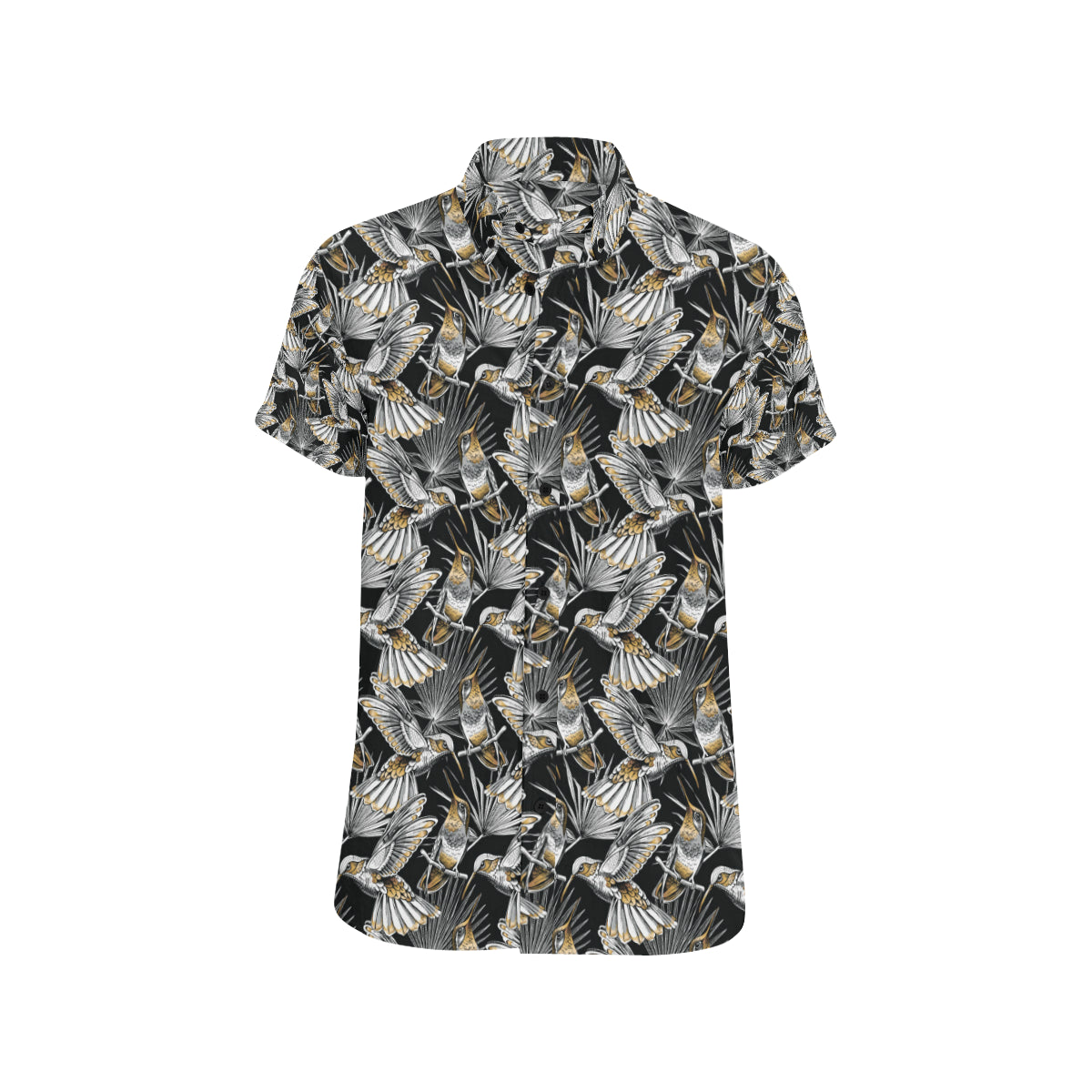 Hummingbird Gold Design Themed Print Men's Short Sleeve Button Up Shirt