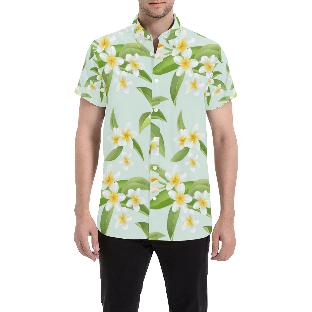 Yellow Plumeria Pattern Print Design PM024 Men's Short Sleeve Button Up Shirt