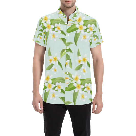 Yellow Plumeria Pattern Print Design PM024 Men's Short Sleeve Button Up Shirt