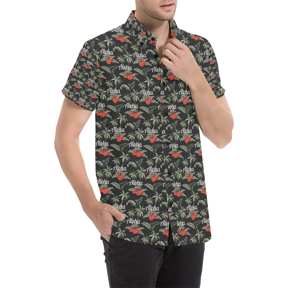 Aloha Palm Tree Design Themed Print Men's Short Sleeve Button Up Shirt