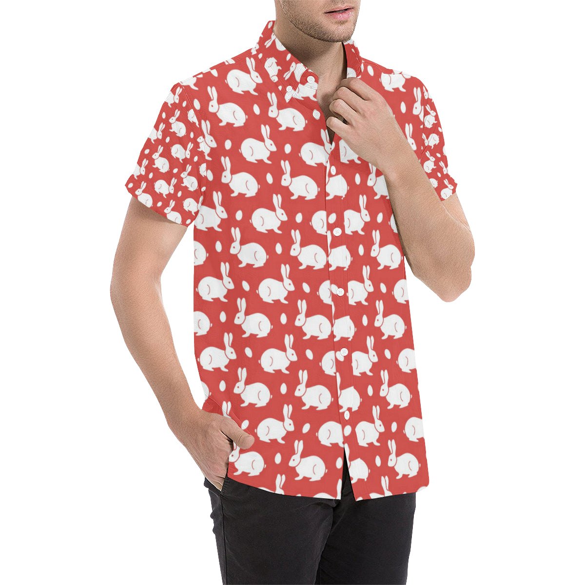 Rabbit Pattern Print Design RB017 Men's Short Sleeve Button Up Shirt