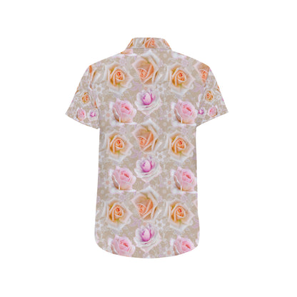 Rose Pattern Print Design RO011 Men's Short Sleeve Button Up Shirt