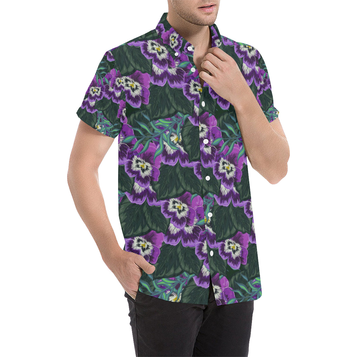 Pansy Pattern Print Design PS07 Men's Short Sleeve Button Up Shirt