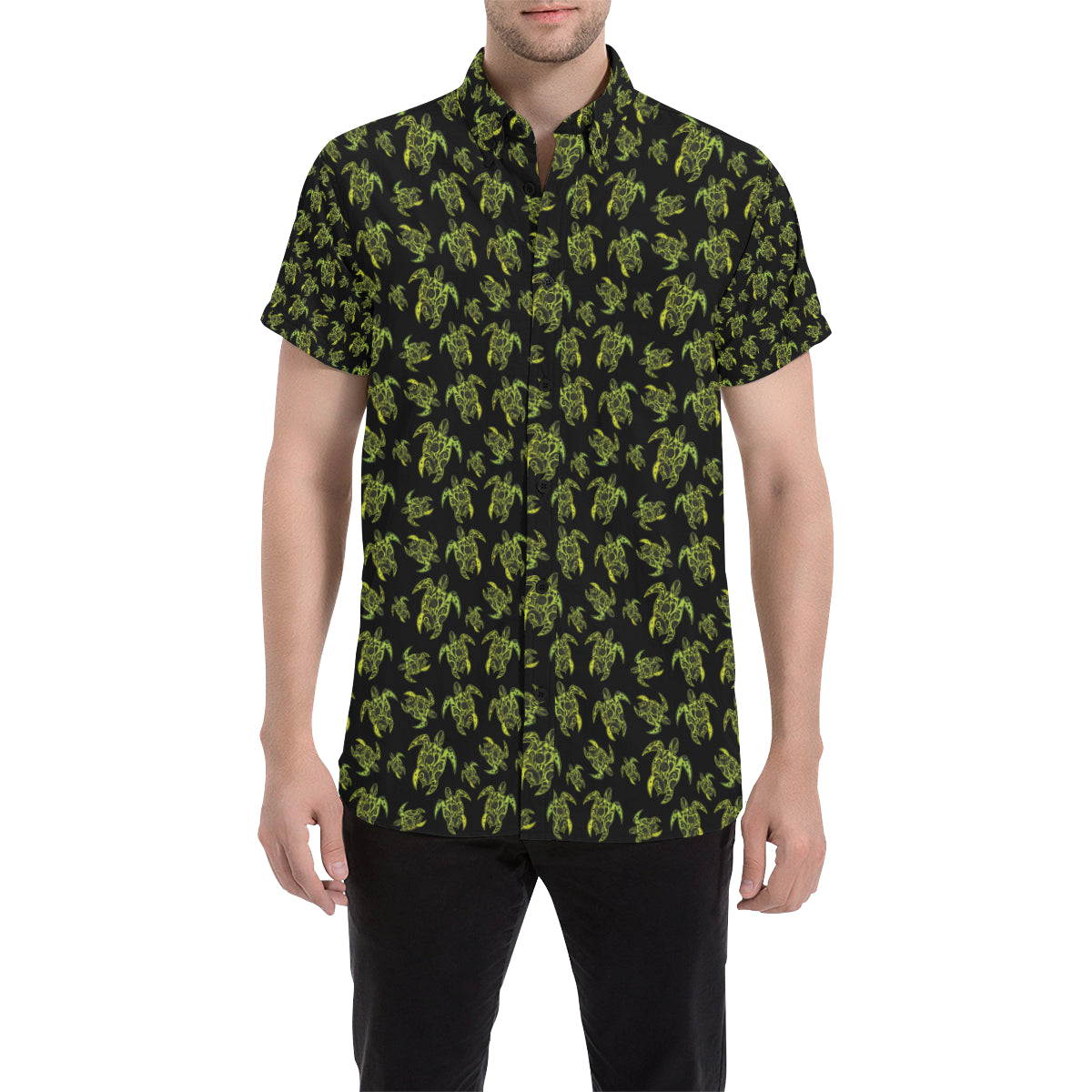 Green Tribal Turtle Polynesian Themed Men's Short Sleeve Button Up Shirt