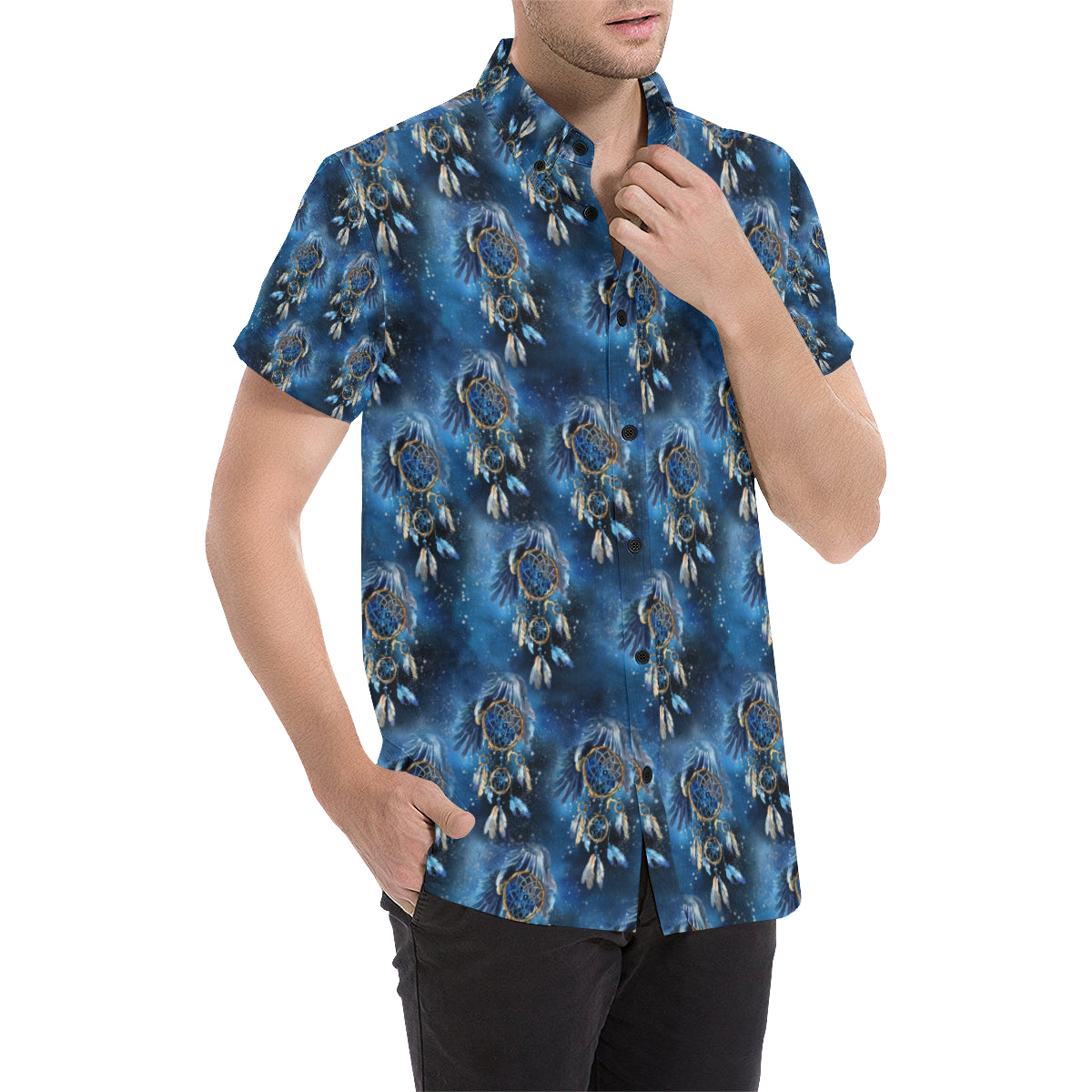 Eagles Dream Catcher Themed Men's Short Sleeve Button Up Shirt