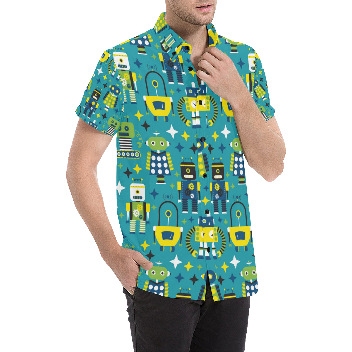 Robot Pattern Print Design A02 Men's Short Sleeve Button Up Shirt
