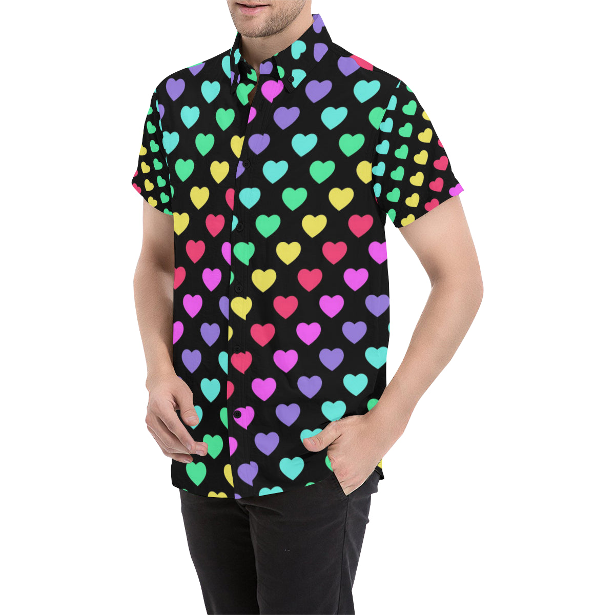 Heart Rainbow Pattern Print Design HE02 Men's Short Sleeve Button Up Shirt