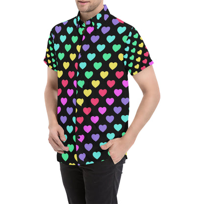 Heart Rainbow Pattern Print Design HE02 Men's Short Sleeve Button Up Shirt