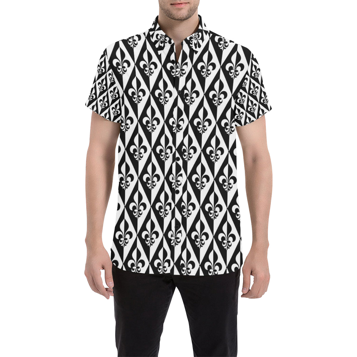 Fleur De Lis Black White Pattern Print Design 02 Men's Short Sleeve Button Up Shirt