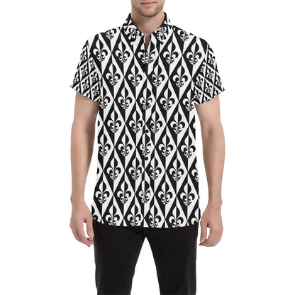 Fleur De Lis Black White Pattern Print Design 02 Men's Short Sleeve Button Up Shirt