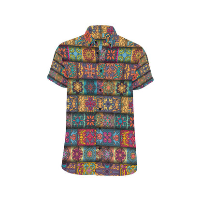 Mandala Style Design Print Men's Short Sleeve Button Up Shirt