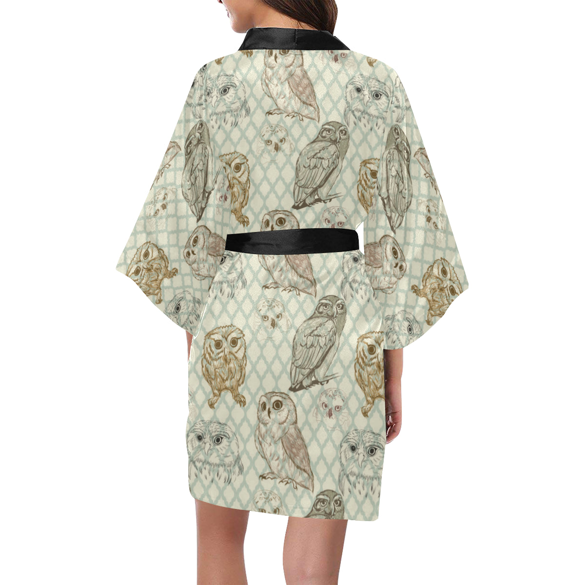 Owl Pattern Print Design A03 Women's Short Kimono