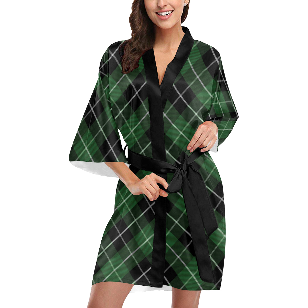 Plaid Green Pattern Print Design A05 Women's Short Kimono