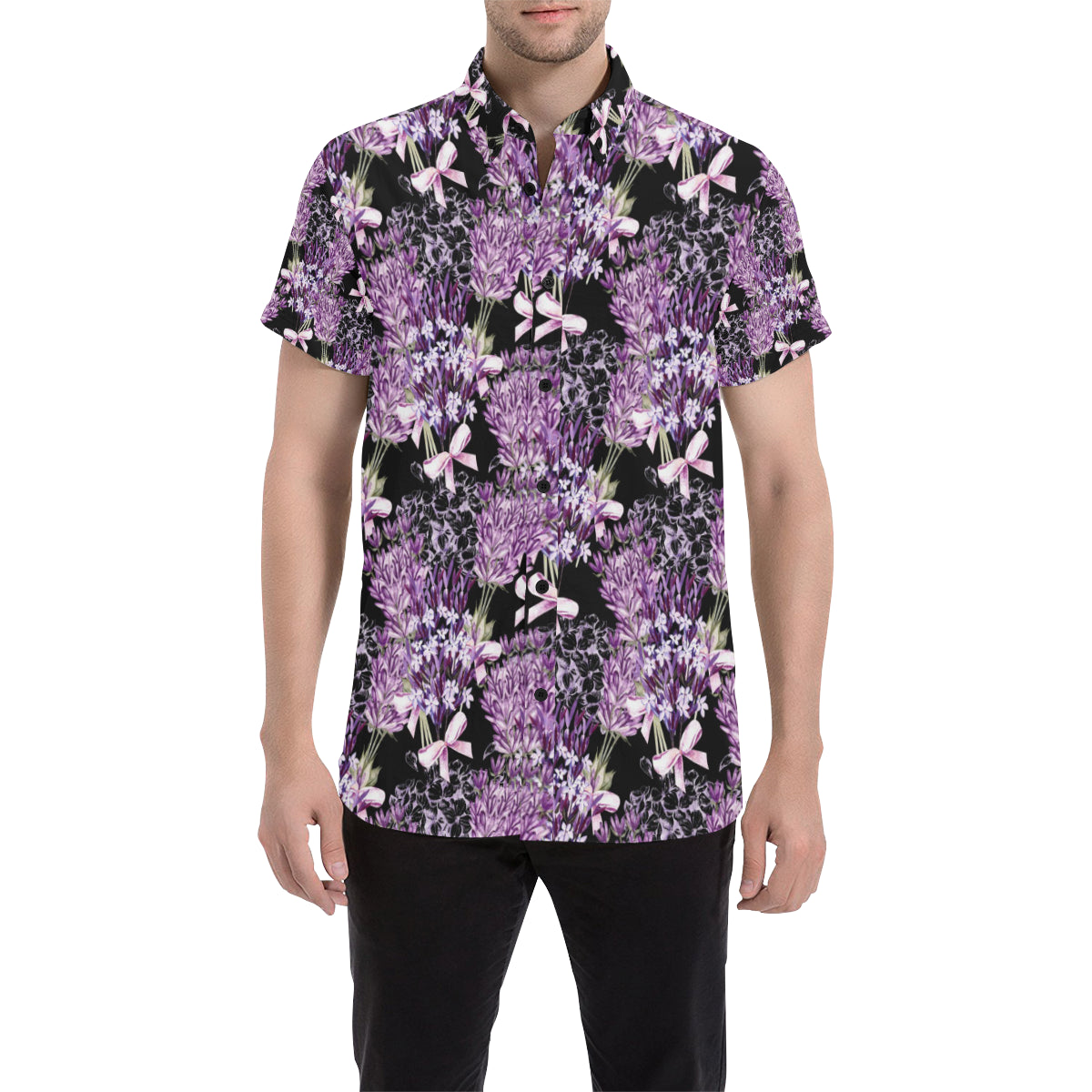 Lavender Pattern Print Design LV06 Men's Short Sleeve Button Up Shirt