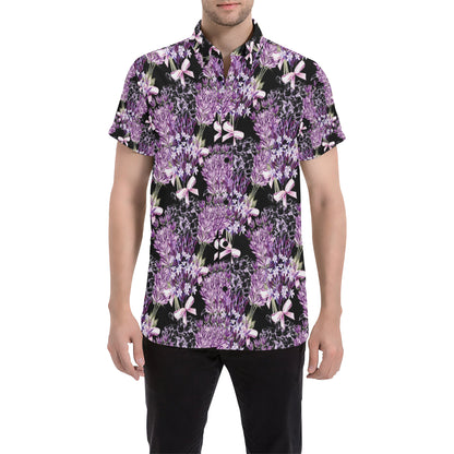 Lavender Pattern Print Design LV06 Men's Short Sleeve Button Up Shirt