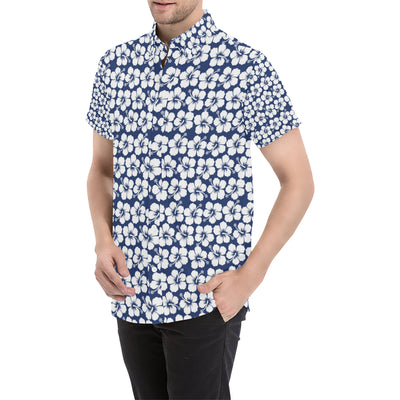 Hibiscus Blue Hawaiian Flower Pattern Men's Short Sleeve Button Up Shirt