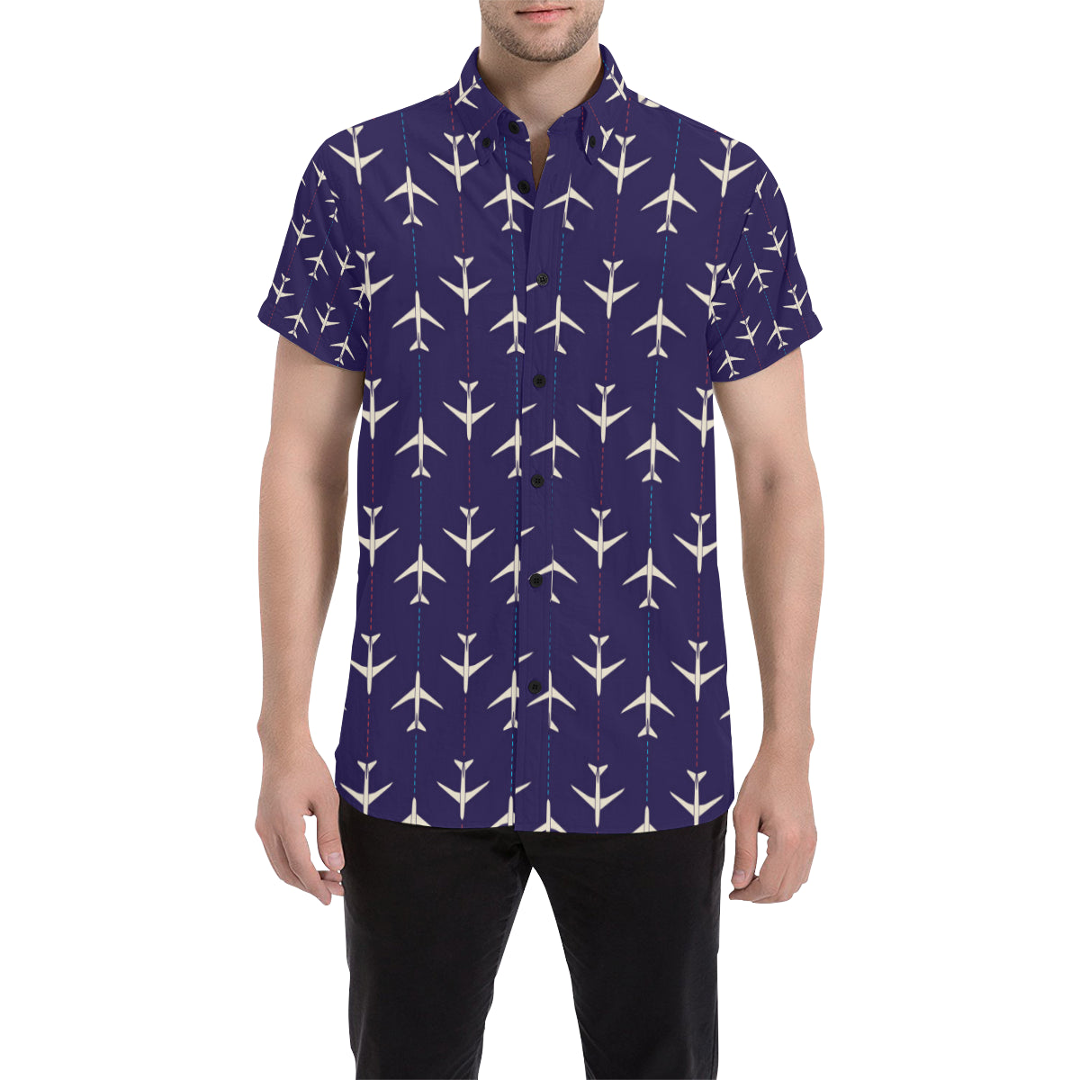 Airplane Pattern Print Design 03 Men's Short Sleeve Button Up Shirt