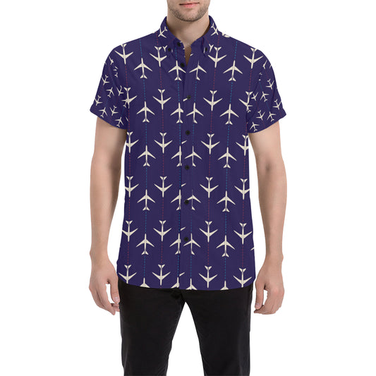 Airplane Pattern Print Design 03 Men's Short Sleeve Button Up Shirt