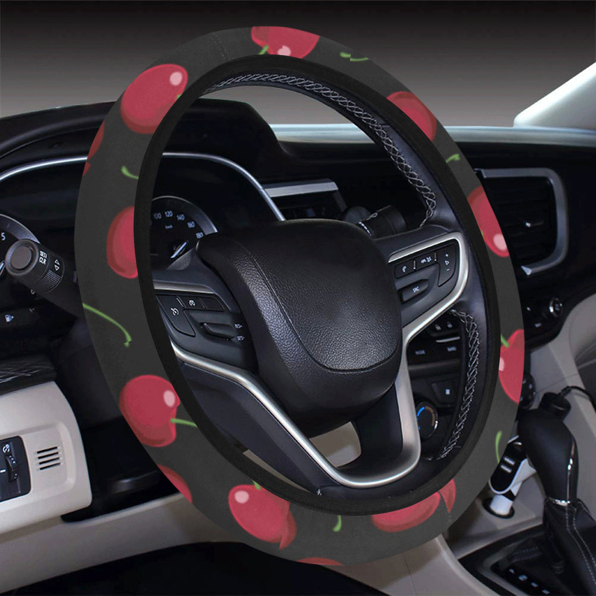 Cherry Black Background Steering Wheel Cover with Elastic Edge