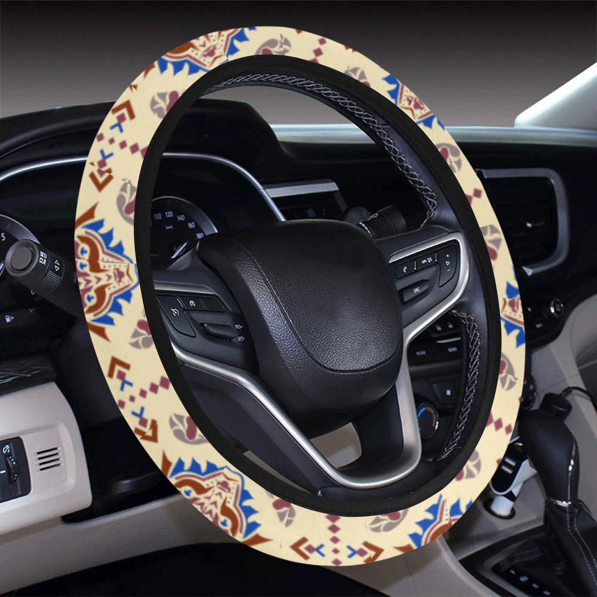 Aztec Wolf Pattern Print Design 03 Steering Wheel Cover with Elastic Edge