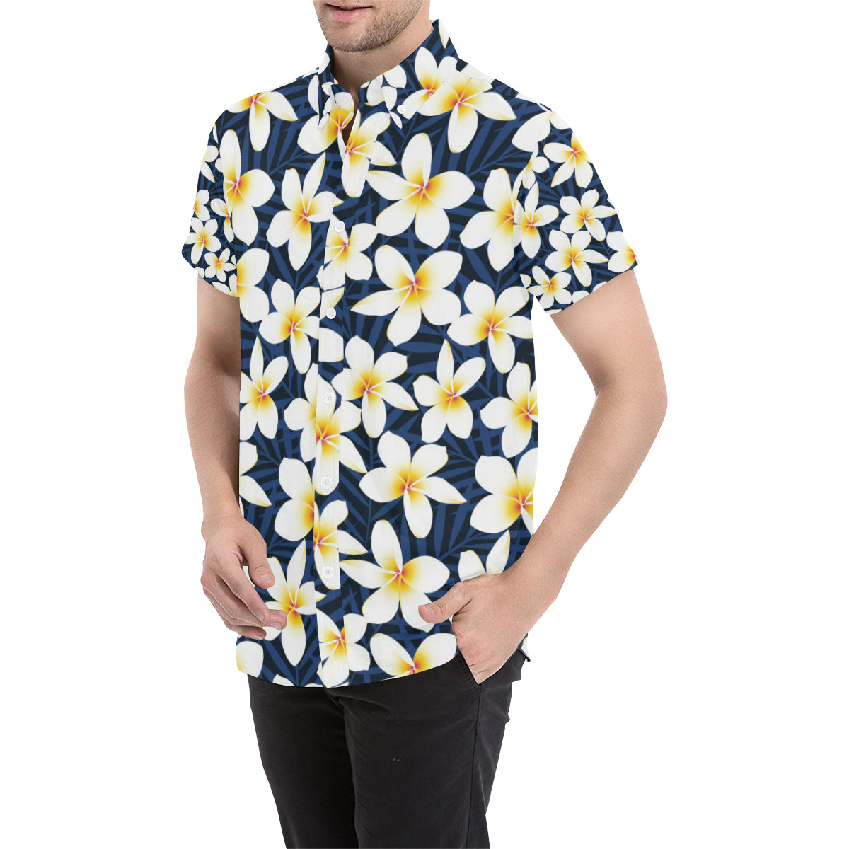 Plumeria Pattern Print Design PM026 Men's Short Sleeve Button Up Shirt