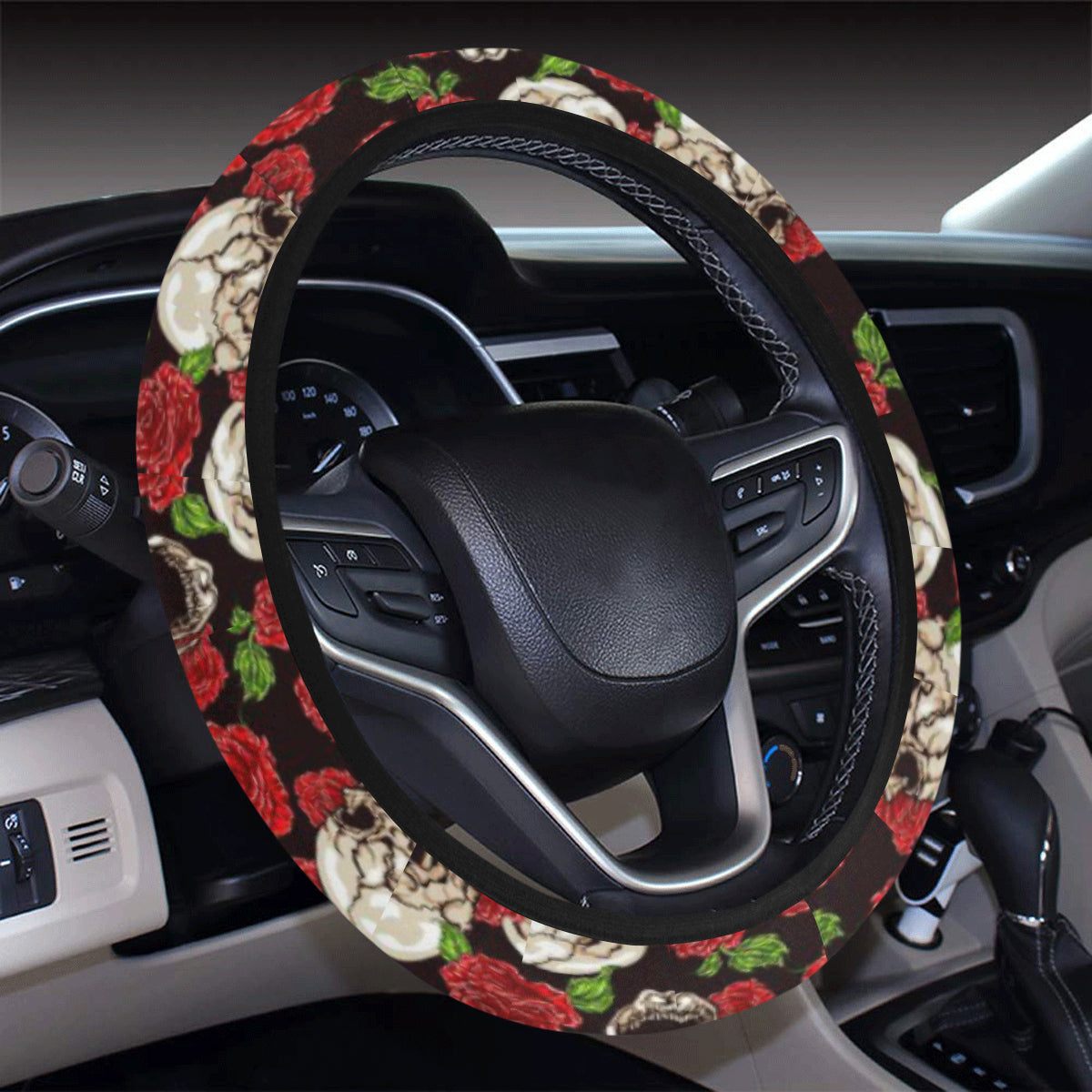 Skull Roses Design Themed Print Steering Wheel Cover with Elastic Edge