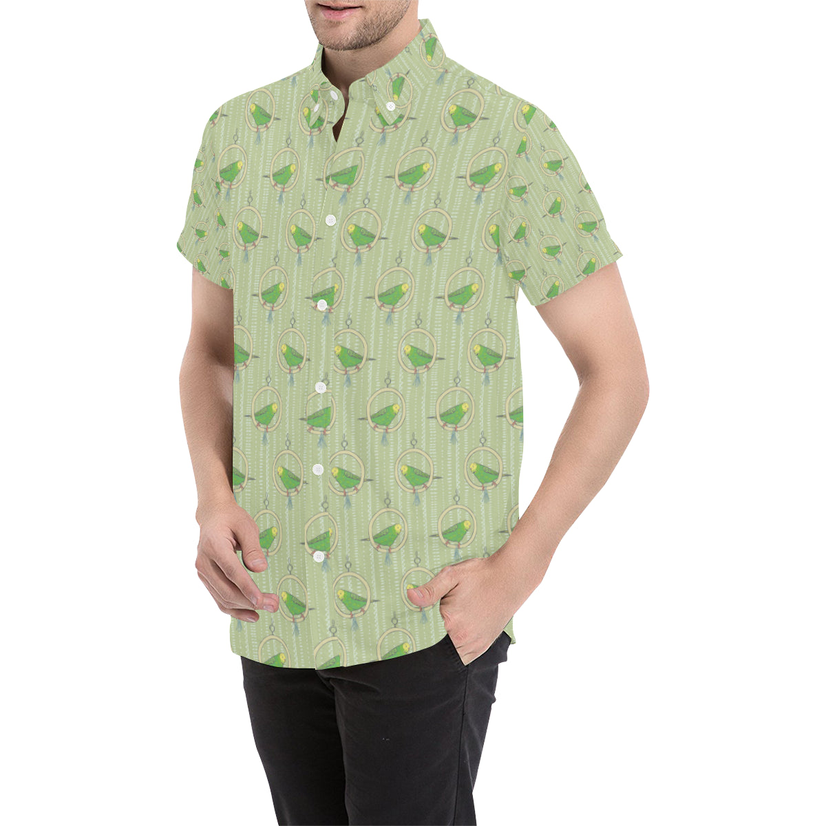 Budgerigar Pattern Print Design 02 Men's Short Sleeve Button Up Shirt