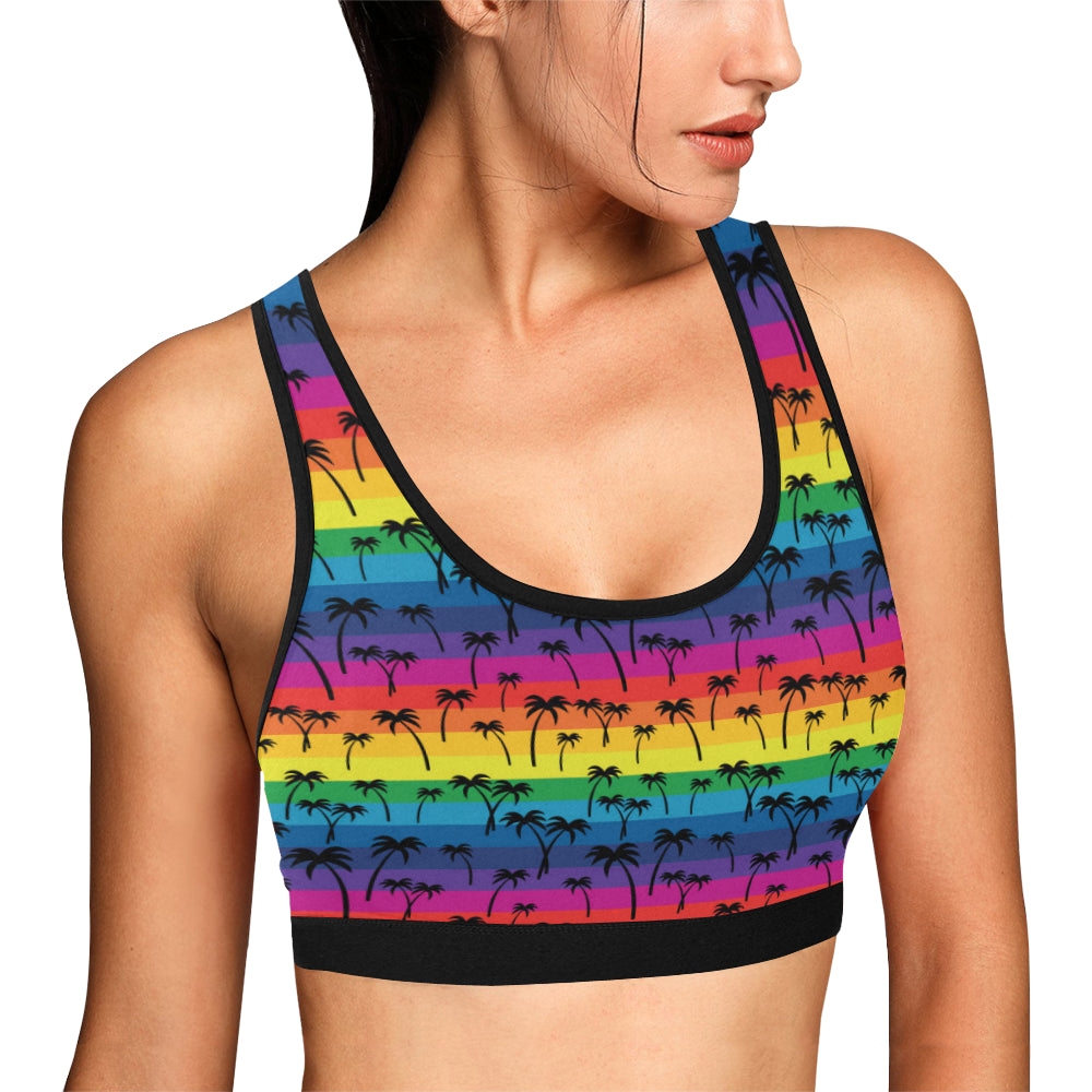 Palm Tree Rainbow Themed Print Sports Bra