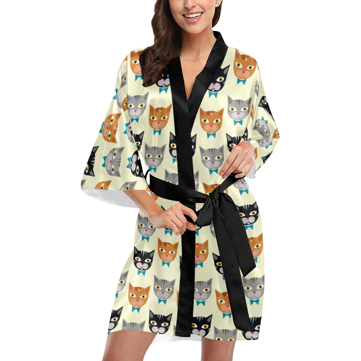 Cat Pattern Print Design 05 Women's Short Kimono