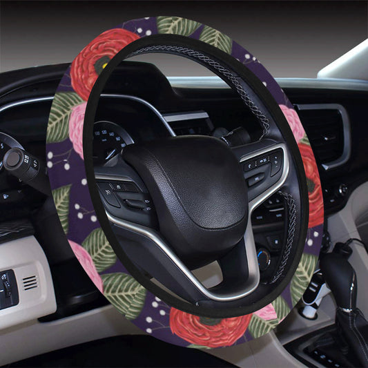 Camellia Pattern Print Design CM02 Steering Wheel Cover with Elastic Edge