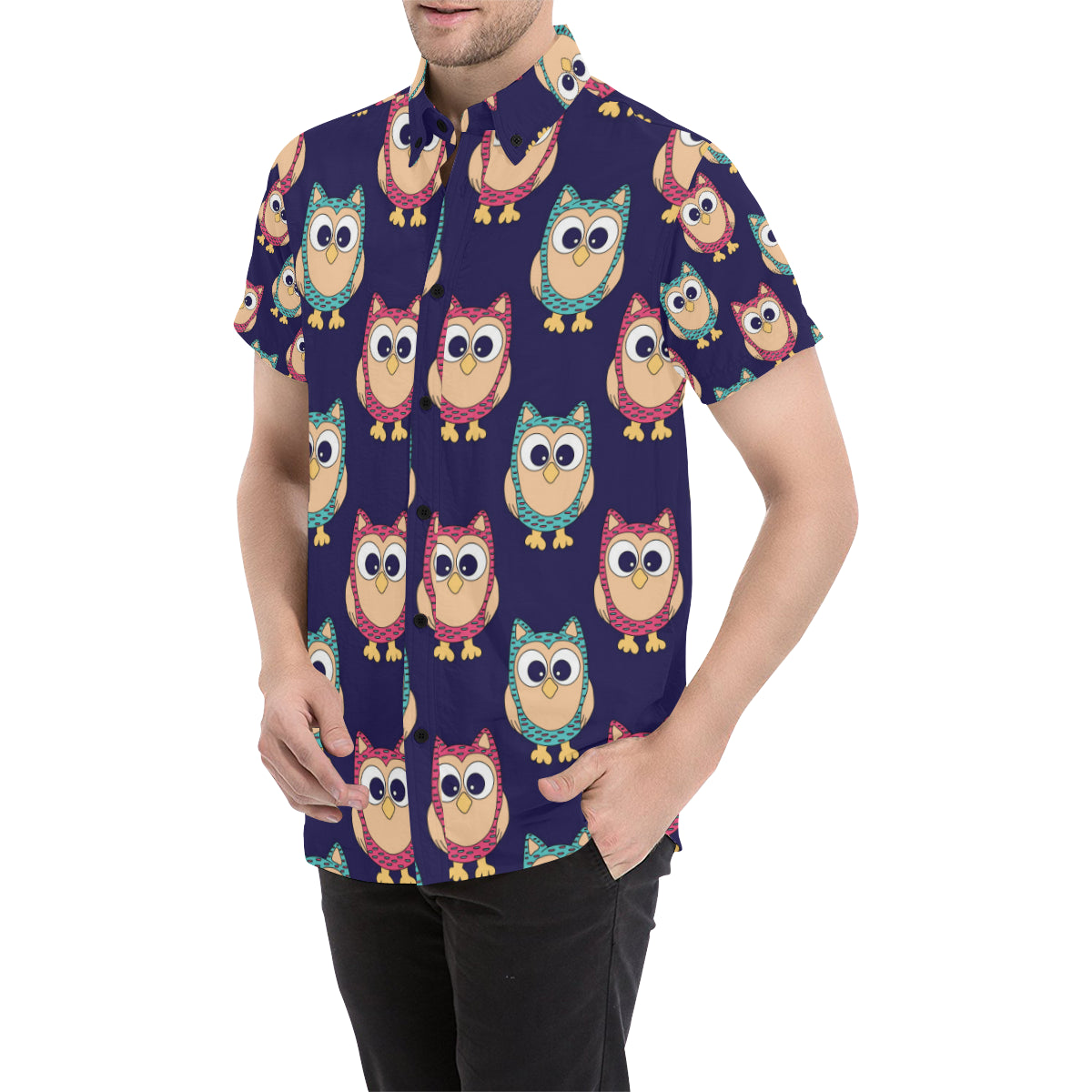 Owl Pattern Print Design A06 Men's Short Sleeve Button Up Shirt