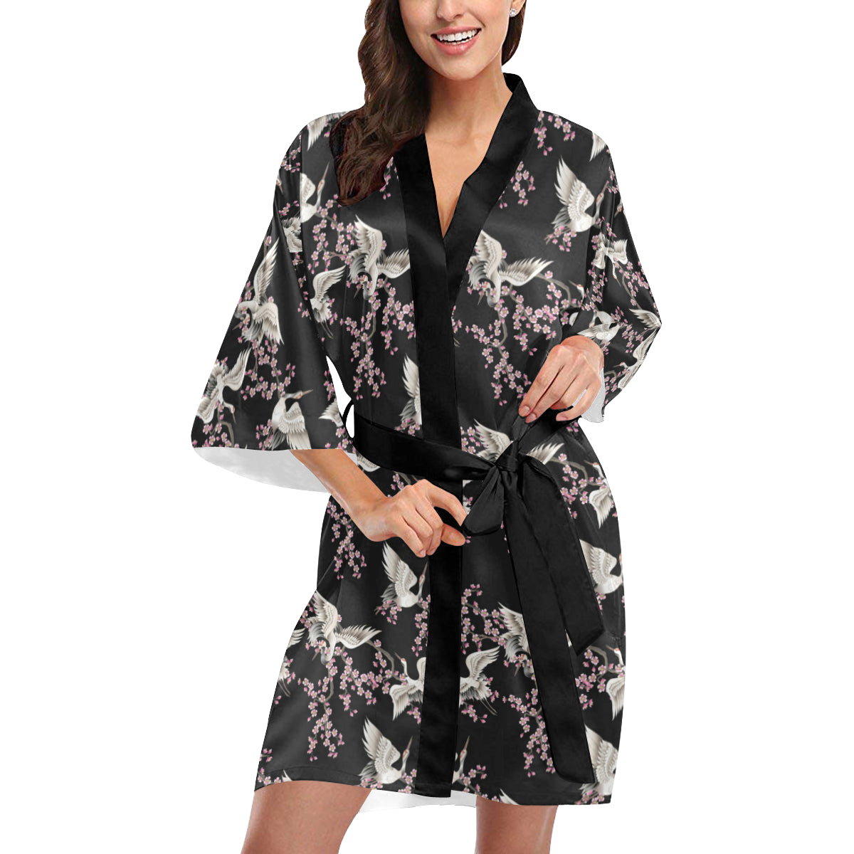 Crane Pattern Print Design 01 Women's Short Kimono