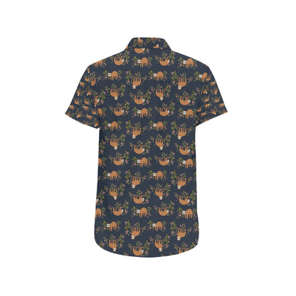 Sloth flower Design Themed Print Men's Short Sleeve Button Up Shirt