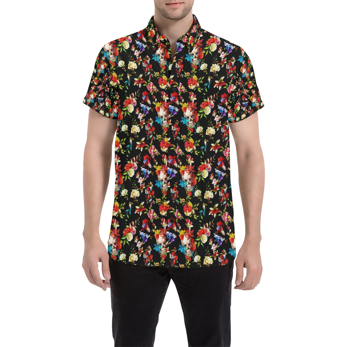 Skull Roses Flower Design Themed Print Men's Short Sleeve Button Up Shirt