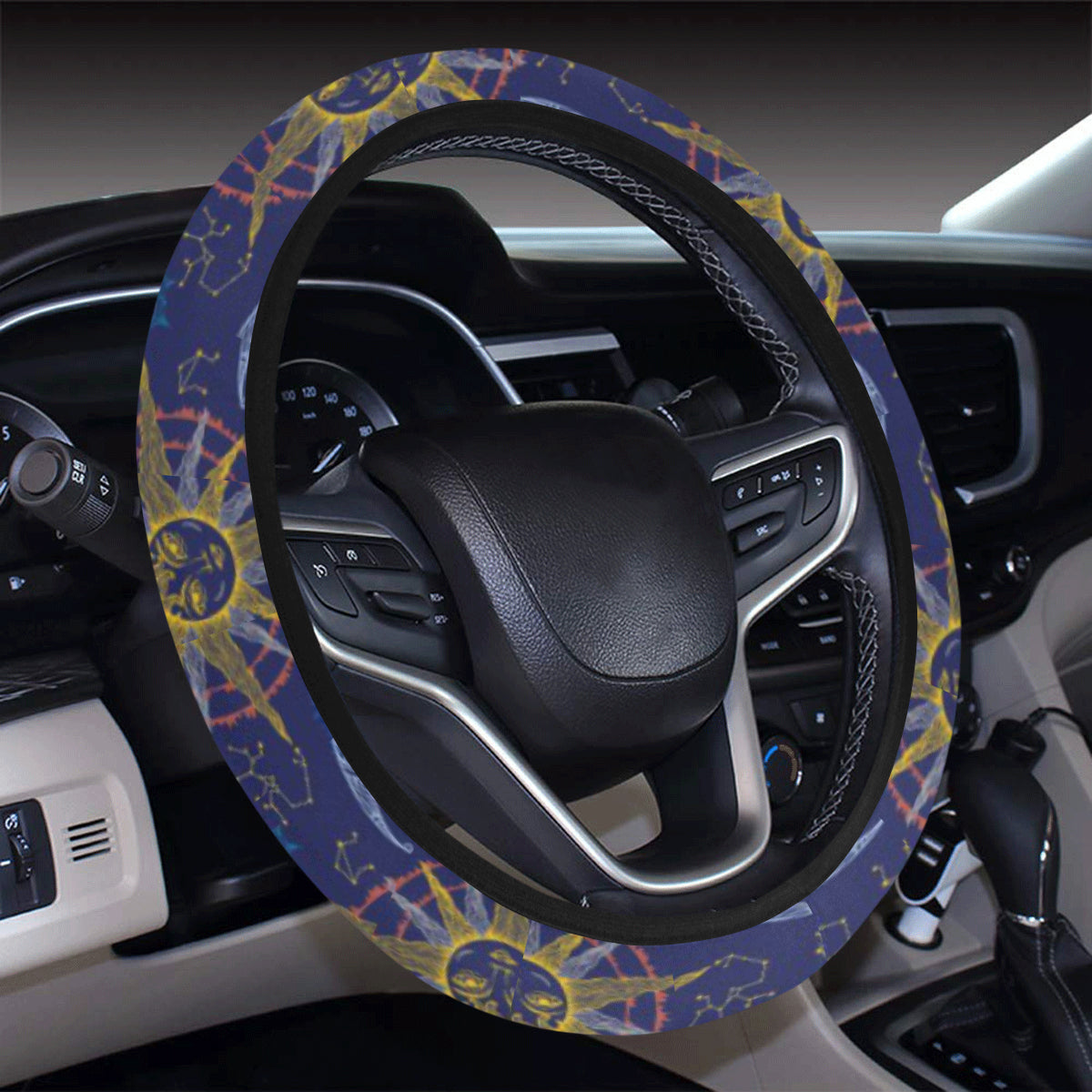 Celestial Moon Sun Pattern Print Design 01 Steering Wheel Cover with Elastic Edge