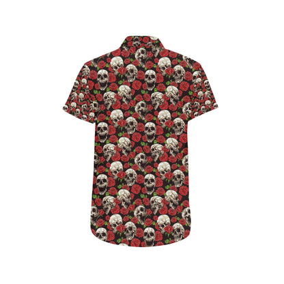 Skull Roses Design Themed Print Men's Short Sleeve Button Up Shirt