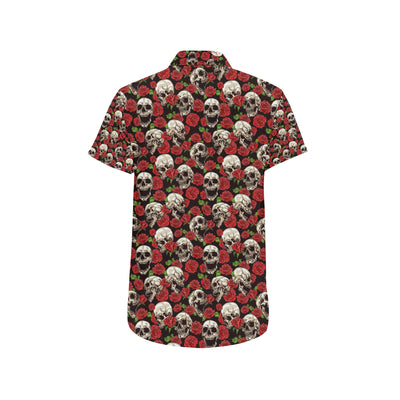 Skull Roses Design Themed Print Men's Short Sleeve Button Up Shirt