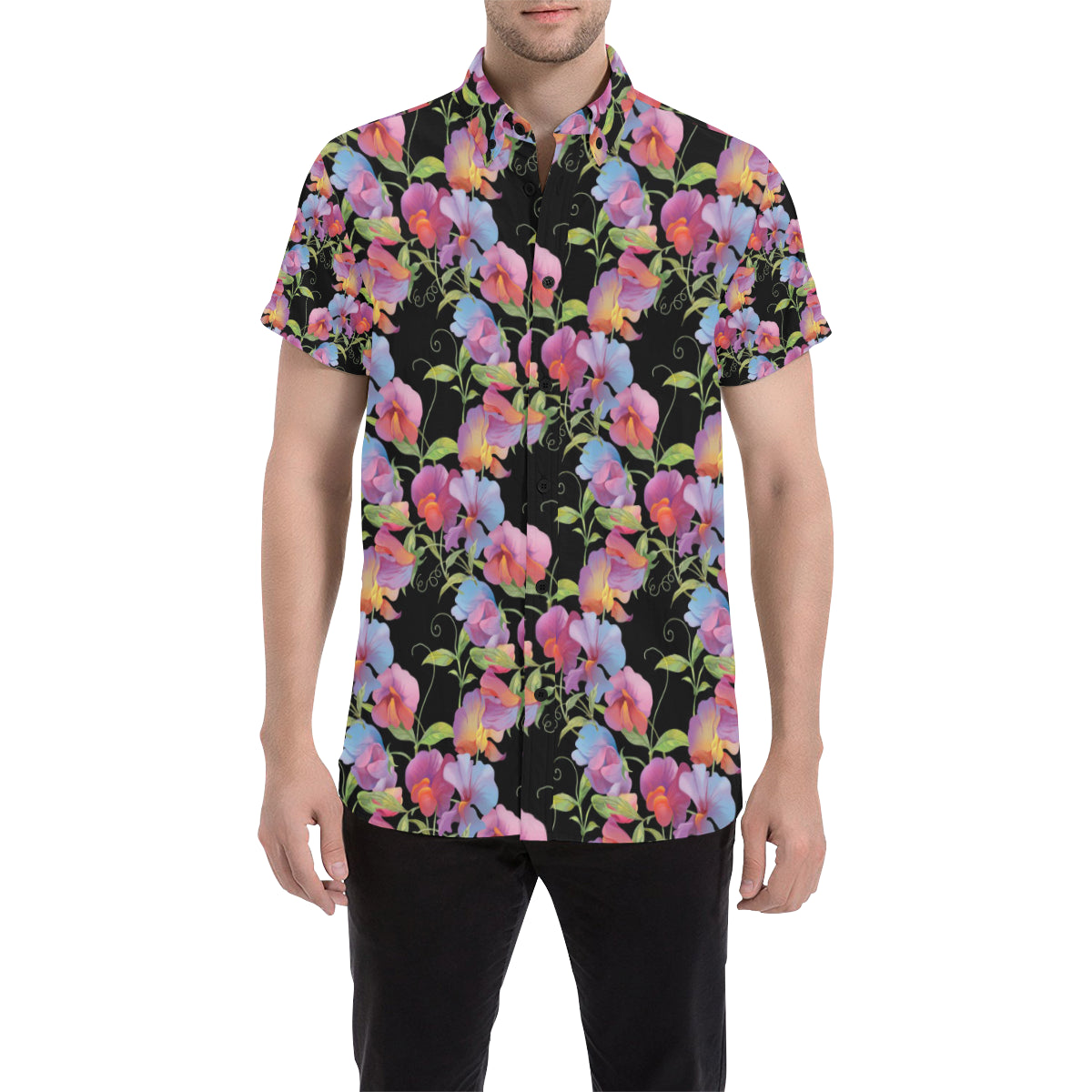 Peony Pattern Print Design PE012 Men's Short Sleeve Button Up Shirt