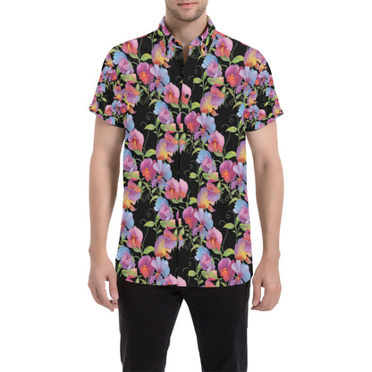Peony Pattern Print Design PE012 Men's Short Sleeve Button Up Shirt