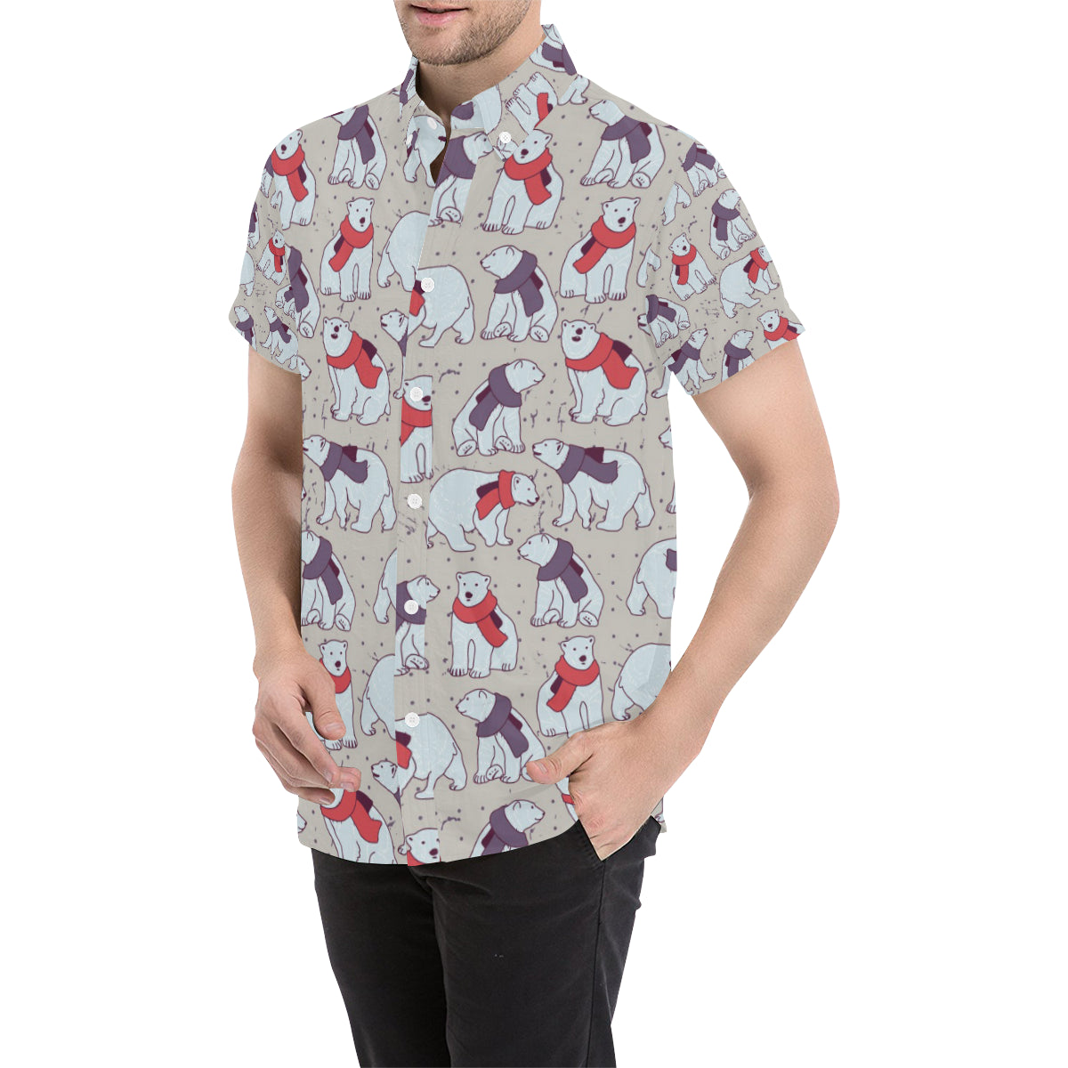 Polar Bear Pattern Print Design PB04 Men's Short Sleeve Button Up Shirt